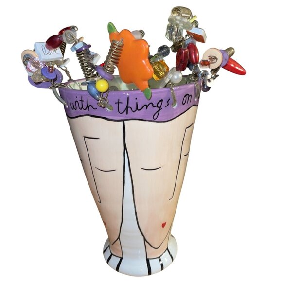 Sandra Magsamen Whimsical Ceramic Vase With Quirky Beaded Rim Mine Charms - Picture 2 of 16